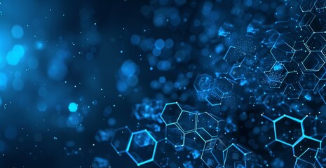 Abstract blue background with digital technology elements, data and hexagons for banner or presentation design Generative AI