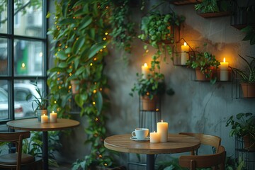 A restaurant with white tables and chairs, green plant decorations on the wall, and a table in front of it that has two coffee cups on top.