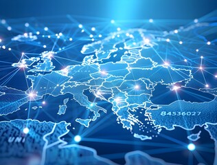 Poster - Digital map of Spain with global network connections, representing the country's tech scene and connectivity to other countries, with glowing blue light effects on top to represent a night view High 
