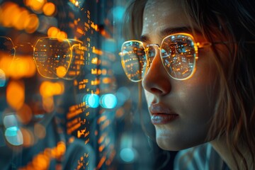 Poster - Mysterious image focusing on glasses reflecting vibrant, abstract light patterns, evoking digital complexity and connectivity