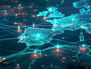 Poster - Abstract global network concept with glowing connections on a map of Spain at night, representing a digital world and the idea of connectivity as a background Elements resembling stock photo 