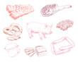 Products provided by pig. Hand drawn farm animals sketch set. Vector art illustration.