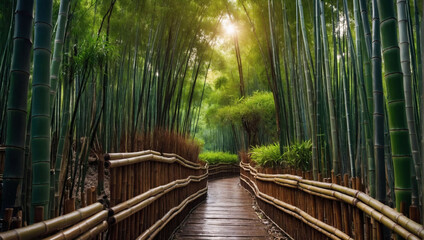 Naklejka na meble Bamboo Grove Bliss, A Vibrant Landscape with Dense Bamboo Groves, Shaded Paths, and Trickling Streams.