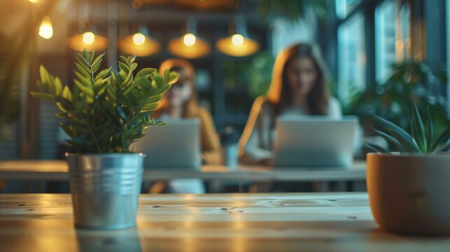 Inviting evening work environment with two focused women using laptops at a warmly lit cafe, surrounded by potted plants.