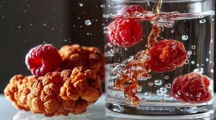 Sticker -   A glass of water with floating raspberries, accompanied by more raspberries on the table