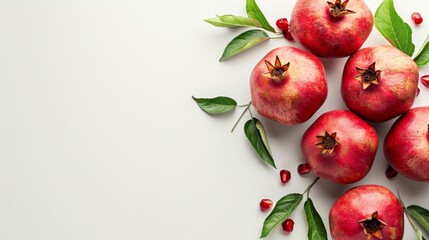 Poster - Pomegranates with leaves on white surface