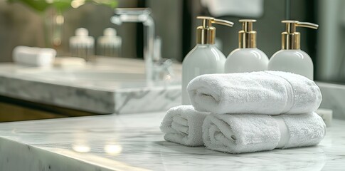 White marble bathroom tabletop with shampoo bottle, towels and copy space for montage your product display over blurred white elegance bathroom in background. AI generated illustration