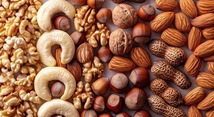 A close-up shot of various nuts, including cashews and walnuts, arranged in an intricate pattern on the right side of the frame. The background is a plain white to highlight each nut's 