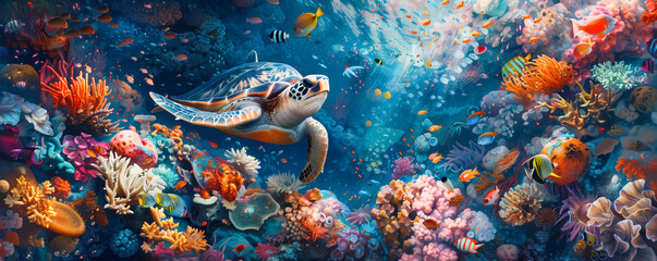 Wall Mural - Cartoon illustration of turtle swimming in ocean among colorful fish.
