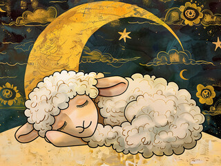 Wall Mural - symbolic image in painting style with a sheep for good sleep