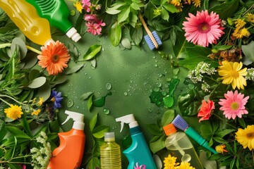 Wall Mural - Flowers and leaves encircle a variety of cleaning supplies