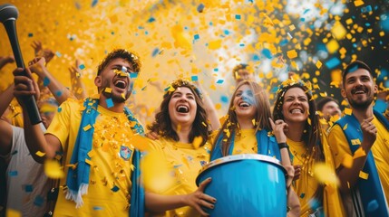 A joyful event filled with entertainment as a group of people hold membranophone instruments, drums, and confetti at the stadium. AIG41