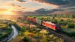 A dynamic image of a freight train loaded with goods traveling across a landscape, symbolizing land-based trade routes between Asia and Europe