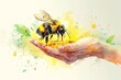 Yellow sweet lime watercolor bee insect flying hand drawn poster with honeycomb. 