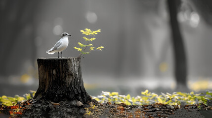 Sticker -   A bird perches atop a tree stump, nearby is a leafy green plant on the forest floor