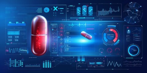 Leinwandbilder - A Detailed Visualization of Medicine and Health Data, Featuring Futuristic Capsules, Digital Dashboards, and Scientific Analytics in a Holographic Display, Generative AI
