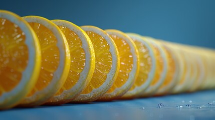   A line of sliced oranges atop a blue countertop, dotted with water droplets on the fruit's edges