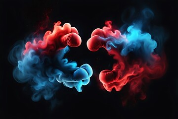  Blue vs red smoke effect black vector background. Abstract neon flame cloud with dust cold versus hot concept. Sports boxing battle competition fog transparent wallpaper design. Police digital banner