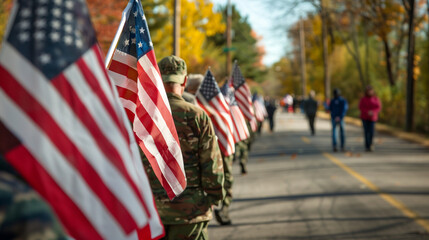Wall Mural - A line of veterans marching in a parade, proudly waving American flags as spectators cheer them on. , natural light, soft shadows, with copy space