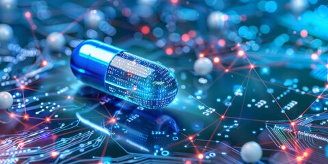 Leinwandbilder - A Detailed Visualization of Medicine and Health Data, Featuring Futuristic Capsules, Digital Dashboards, and Scientific Analytics in a Holographic Display, Generative AI