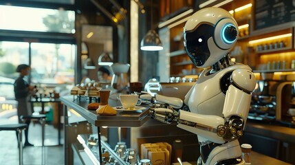 Wall Mural - A humanoid robot serving coffee in a bustling caf?(C), interacting with customers, with a detailed modern interior background