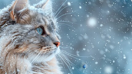 Poster -   A cat up close, snowflakes dotting its face, background softly blurred