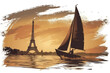 Brown watercolor paint of sailor athlete on race boat by eiffel tower
