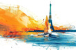 Orange watercolor paint of sailor athlete on race boat by eiffel tower