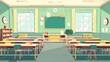 © Chingiz - flat representation of an empty school classroom featuring just the essentials: a board and desks in a clean