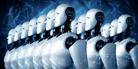 Poster - MLB 3d illustration 3D illustration of robot humanoid group in concept of future artificial intelligence and 4th fourth industrial revolution.