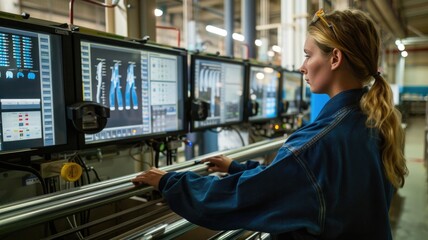 Technicians monitoring the quality of biodegradable denim fabric at a green manufacturing facility, with digital displays showing low water and energy usage.