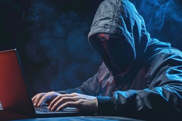 Thief laptop computer typing.