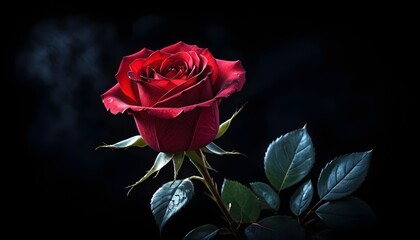 Poster - Single deep scarlet red rose macro close-up on dark black background