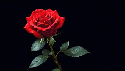 Poster - Single deep scarlet red rose macro close-up on dark black background