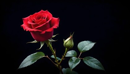 Wall Mural - Single deep scarlet red rose macro close-up on dark black background