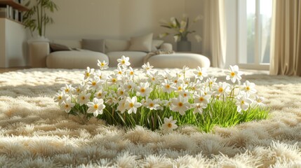   White flowers dot a lush green field, their crowns resting atop an immaculate white carpet of grass