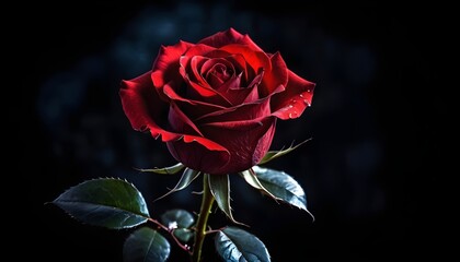 Poster - Single deep scarlet red rose macro close-up on dark black background