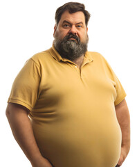 Portrait of fat, overweight middle-aged man wearing white t-shirt, looking at the camera, isolated on transparent background. diabetes disease and obesity, depressed person