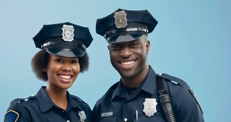 Two black skinned African American police officers, man and woman, duty team, colleagues wearing uniform, male and female worker studio portrait on blue background. Safety, law and justice job