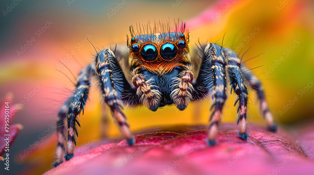 Spider Face Insect Closeup macro photography of spider animal face and eyes. Scary black ...