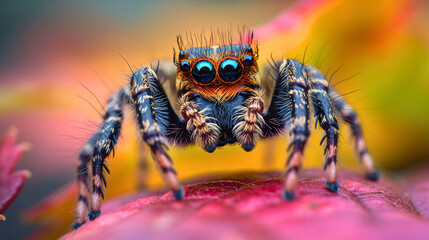 Closeup macro photography of spider animal face and eyes. Scary black and brown arachnid insect in garden wildlife nature 