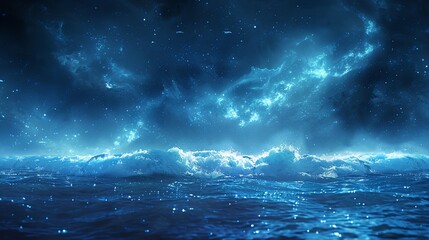 a painting of a blue ocean with a lot of stars in the sky above it