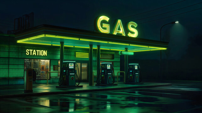 Green glowing gas station text sign on petroleum fuel pump city building in the evening or night dark. Exterior view, industry business service