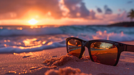 Wall Mural - Closeup of black sunglasses on sand beach during ocean or sea sunset. Summer vacation or holiday travel season, tropical tourism, enjoy the freedom and relax near the water, copy space