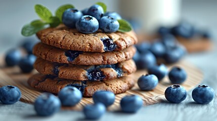 Wall Mural -   A wooden cutting board holds a stack of blueberry cookies, surrounded by fresh blueberries and a nearby glass of milk