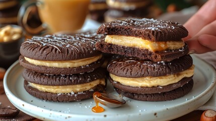   A stack of cookies on a plate next to two cups - one for coffee