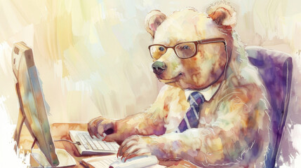 A bear is sitting at a desk, engaged with a computer. The bear appears focused on the screen, perhaps working or browsing