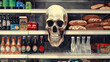 Death skull on the shelf in retail store supermarket with unhealthy junk fast food foods and drinks, including sodas and white bread. Tasty groceries, high in calories