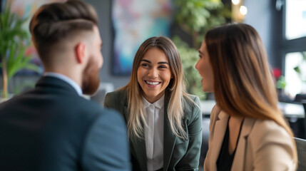 Young happy couple communicating with female real estate agent in office