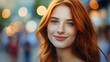 © Nemanja - Closeup portrait photography of beautiful young woman or girl with red hair standing outdoors on a city street, female lady model with freckles smiling at camera. Copy space for text, ginger redhead